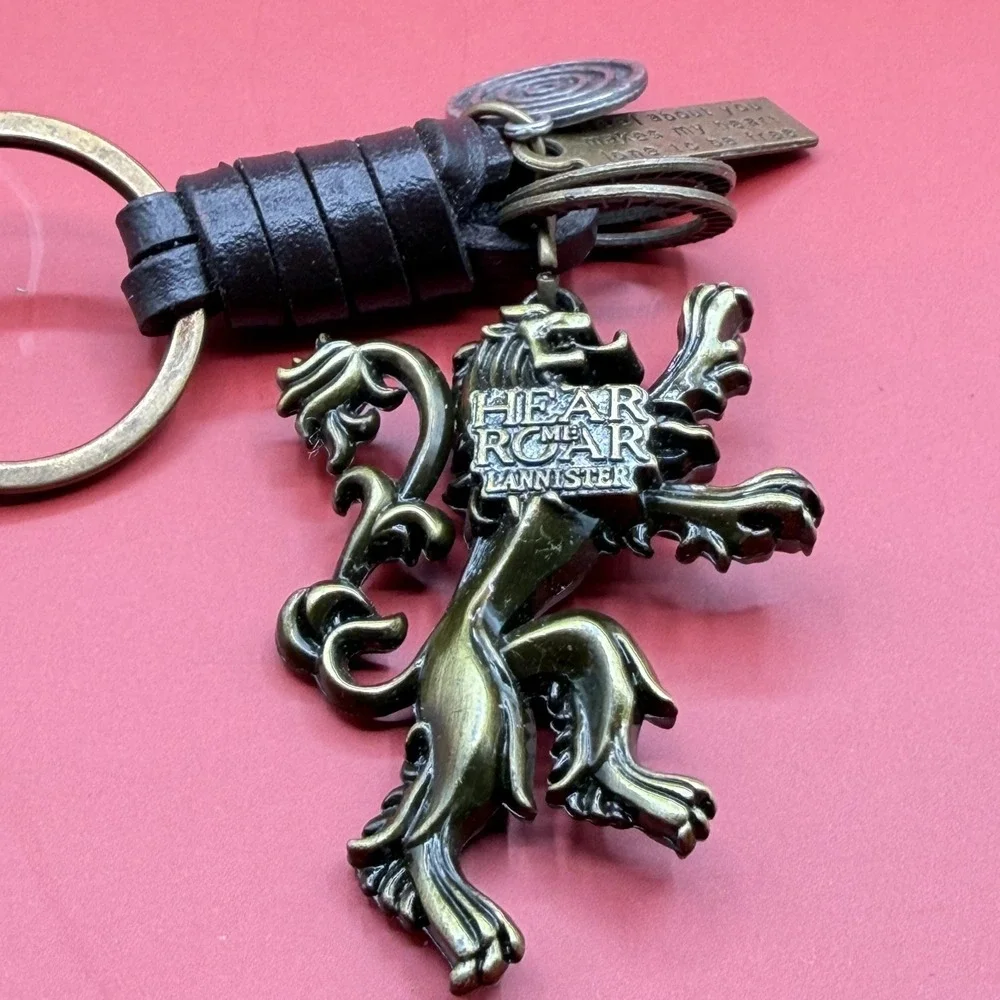 Lannister Lion Keychain Bronze Tone Leather Charm Game of Thrones Style Gift